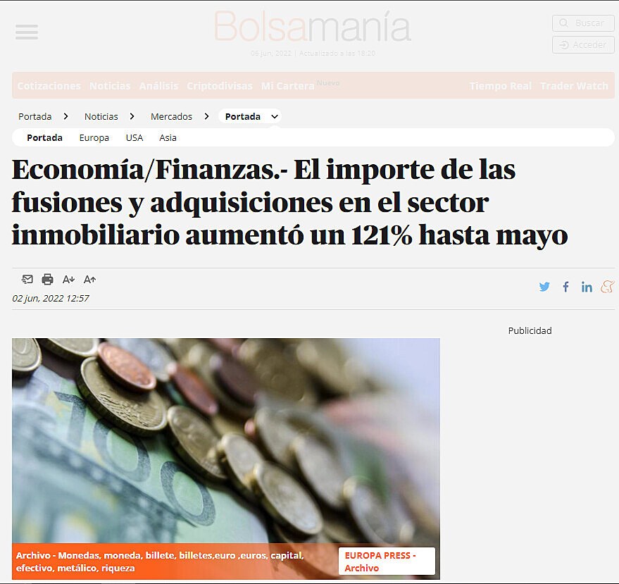 Economa/Finanzas.- El importe de las fusiones y adquisiciones en el sector inmobiliario aument un 121% hasta mayo